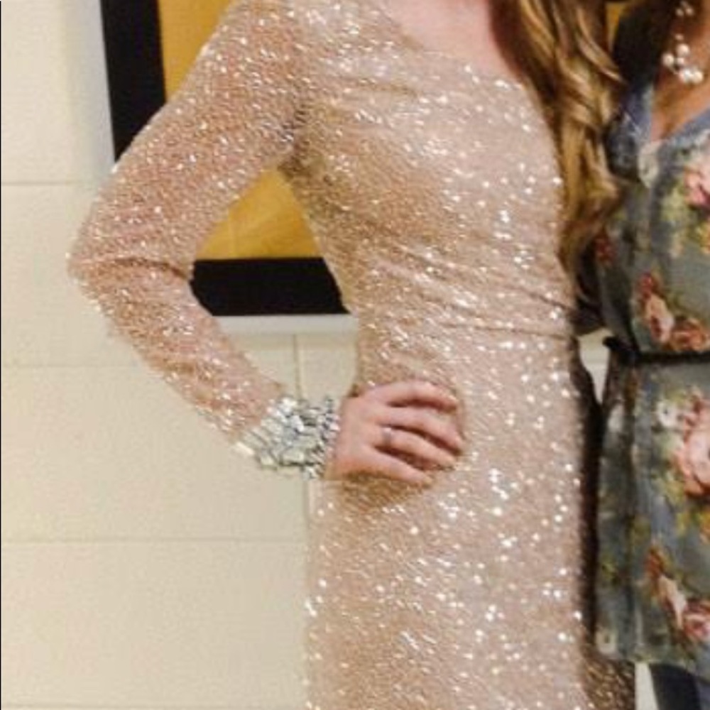 Sherrie Hill gold sequin one shoulder dress